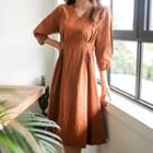 3/4-sleeve Shirred A-line Midi Dress