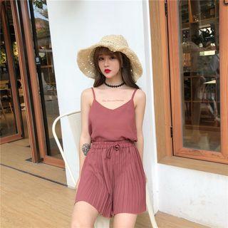 Set: Plain Camisole Top + Pleated Wide Leg Shorts