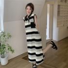 Sleeveless Striped Slit Midi Dress Stripe - Black - One Size