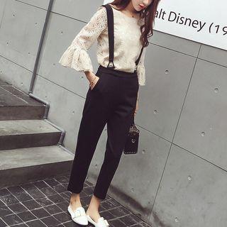 Set: 3/4-sleeve Lace Blouse + Cropped Straight Cut Suspender Pants