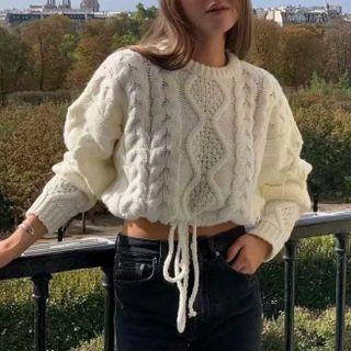 Tie-waist Cable Knit Sweater Red - One Size