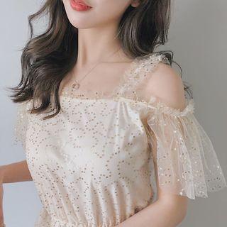 Short-sleeve Cold Shoulder Sequined Mesh A-line Dress Almond - One Size