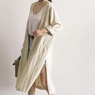 Slit-side Open-front Ramie Long Cardigan