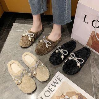 Faux Shearling Rhinestone Bow Mules