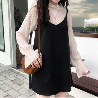 Set: Long-sleeve Blouse + Overall Dress Set - White & Black - One Size