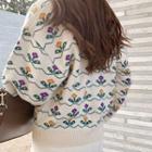 Zipped Flower Pattern Knit Cardigan Cream - One Size