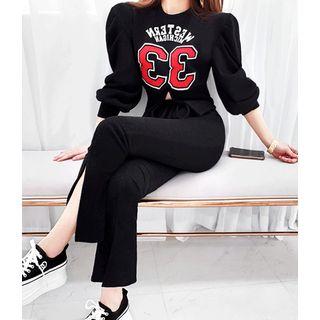 Letter Pullover & Slit Pants Sweatsuit Set