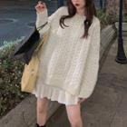 Set: Plain Cable Knit Sweater + Mini A-line Skirt Set - Almond - One Size