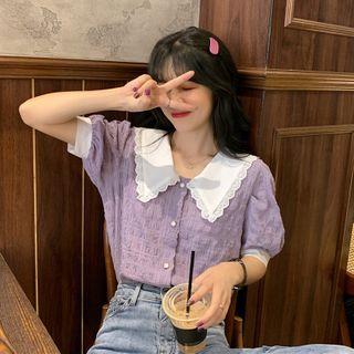 Balloon-sleeve Lace Trim Shirred Blouse