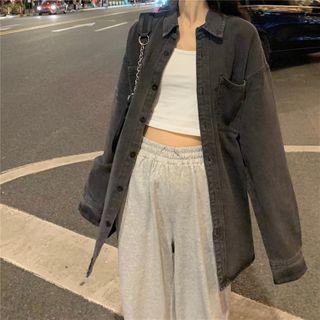Pocket-front Oversize Denim Shirt Dark Gray - One Size