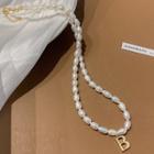 Letter Pendant Freshwater Pearl Necklace 1pc - Gold & White - One Size