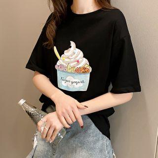 Yogurt Print Elbow-sleeve T-shirt