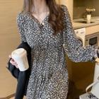 Long-sleeve Floral Print Slim-fit Dress