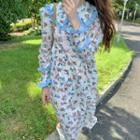 Long-sleeve Cartoon Print Collared Midi A-line Dress