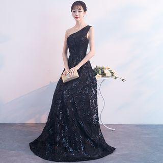 Sleeveless Sequined Patterned One Shoulder A-line Evening Gown