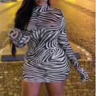 Long-sleeve Mock-neck Zebra Print Mini Bodycon Dress