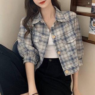 Puff-sleeve Plaid Cropped Shirt Jacket