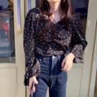 Floral Print Shirred Blouse As Shown In Figure - One Size