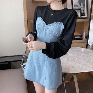 Mock Two-piece Long-sleeve A-line Denim Dress