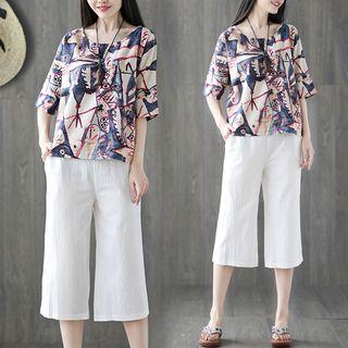 Set: Printed Elbow-sleeve Top + Capri Wide Leg Pants