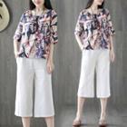 Set: Printed Elbow-sleeve Top + Capri Wide Leg Pants