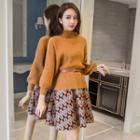 Set: Long-sleeve Knit Top + Patterned Mini Skirt