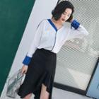 Set: Contrast Trim Blouse + Asymmetrical A-line Skirt