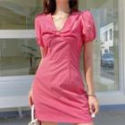 Puff-sleeve V-neck Bow-front Mini A-line Dress