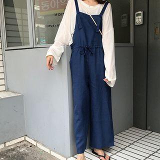 Plain Wide-leg Long Overall Blue - One Size