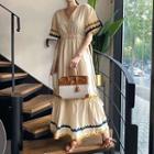 Short-sleeve Contrast Trim Midi Dress Khaki - One Size