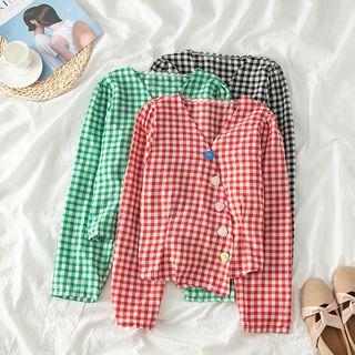 Long-sleeve V-neck Check Shirt