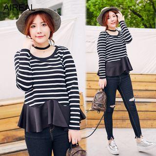Long-sleeve Striped Ruffle Hem T-shirt