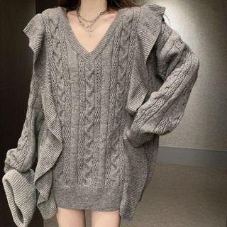Ruffle Pointelle Knit V-neck Sweater Gray - One Size
