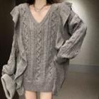 Ruffle Pointelle Knit V-neck Sweater Gray - One Size
