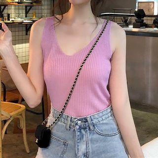 V-neck Rib Knit Plain Tank Top