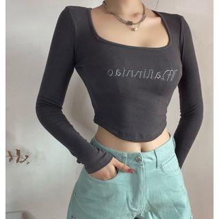 Long-sleeve Square-neck Lettering Embroidered Cropped T-shirt