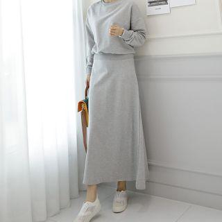 Set: Round-neck Plain Pullover + Band-waist A-line Skirt