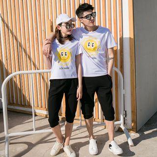 Couple Matching Printed Short-sleeve T-shirt / Drawstring Cropped Sweatpants