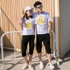 Couple Matching Printed Short-sleeve T-shirt / Drawstring Cropped Sweatpants