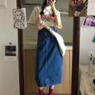 Short-sleeve Flower Print T-shirt / Denim Midi A-line Skirt