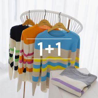 Set Of 2: Round-neck Striped Knit Top