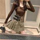 Plain Long-sleeve Slim-fit Top / Plaid High-waist Skirt