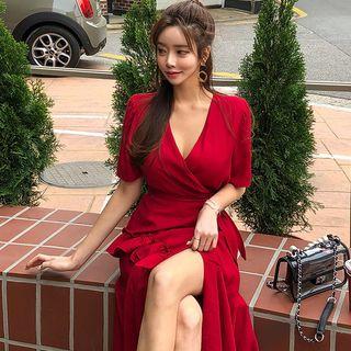 Short-sleeve Ruffle Midi Wrap Dress