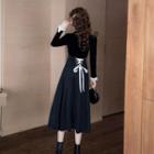 Set: Long-sleeve Velvet Top + Midi A-line Skirt