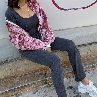 Set: Square-neck Cropped T-shirt + Boot-cut Pants
