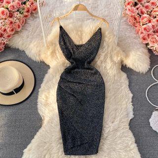 Chain V-neck Glitter Asymmetrical Knit Dress