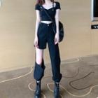 Cut-out Short-sleeve T-shirt / Cropped Harem Pants