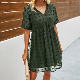Short-sleeve Dotted Mesh Mini Shift Dress