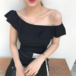 Plain Frill Trim Off Shoulder Short Sleeve Knit Top