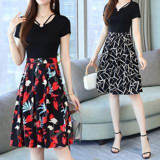 Printed Panel Short-sleeve Midi Dress